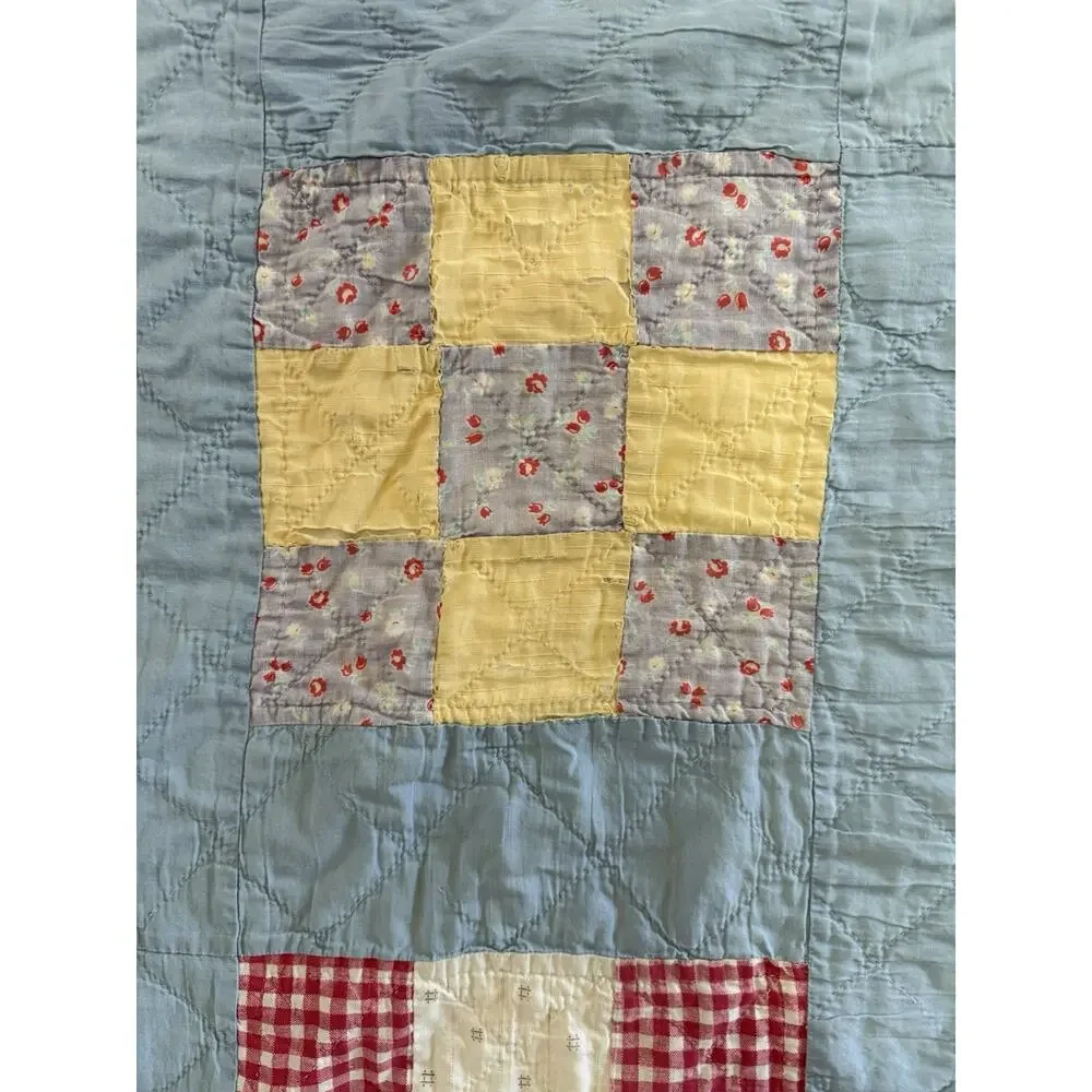 Vtg CottageCore Hand sown Patchwork Quilt 78x94 Reversible Yellow Distressed